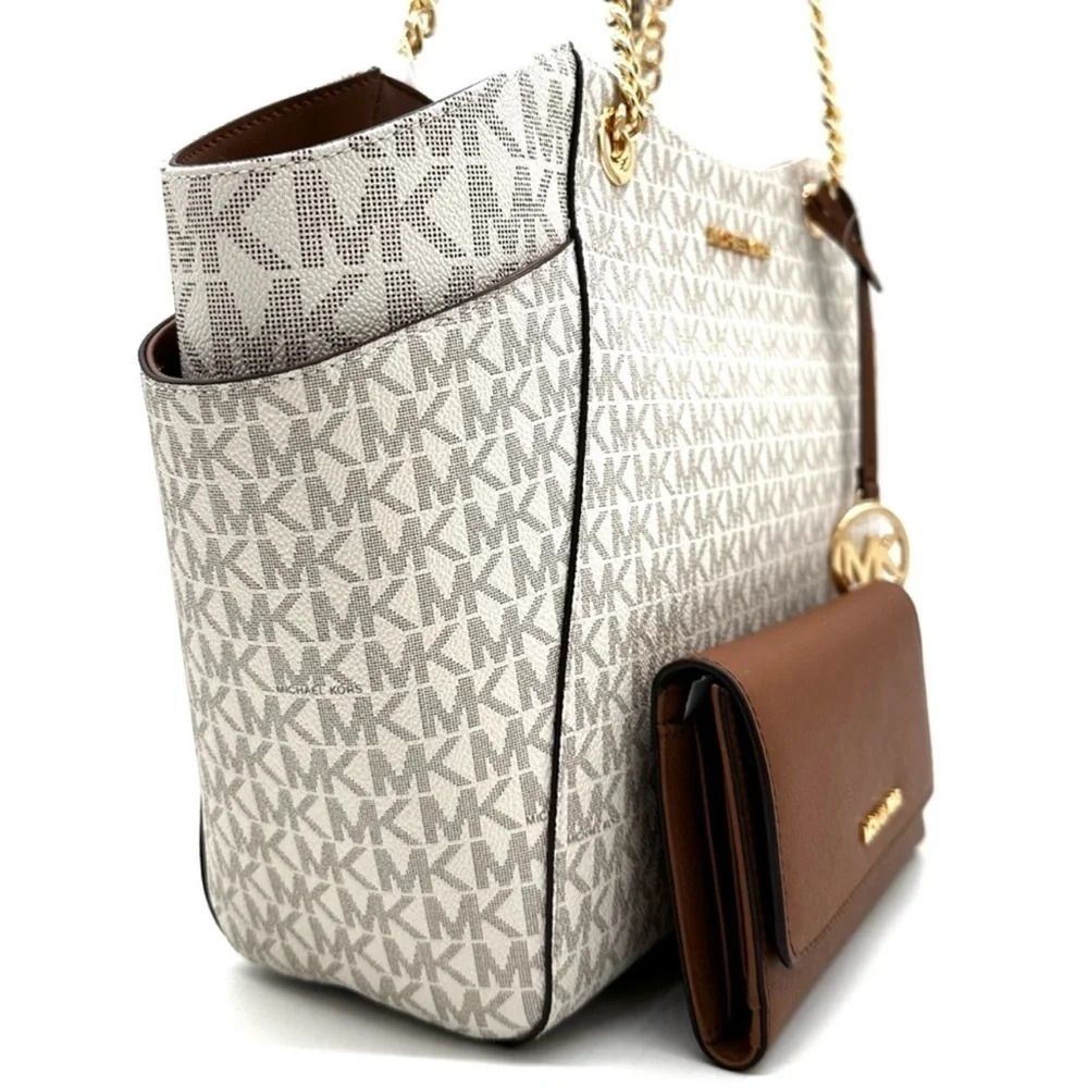 Michael Kors Large Jet Set Travel Chain Shoulder Bag & Trifold Wallet Vanilla - Picture 4 of 14